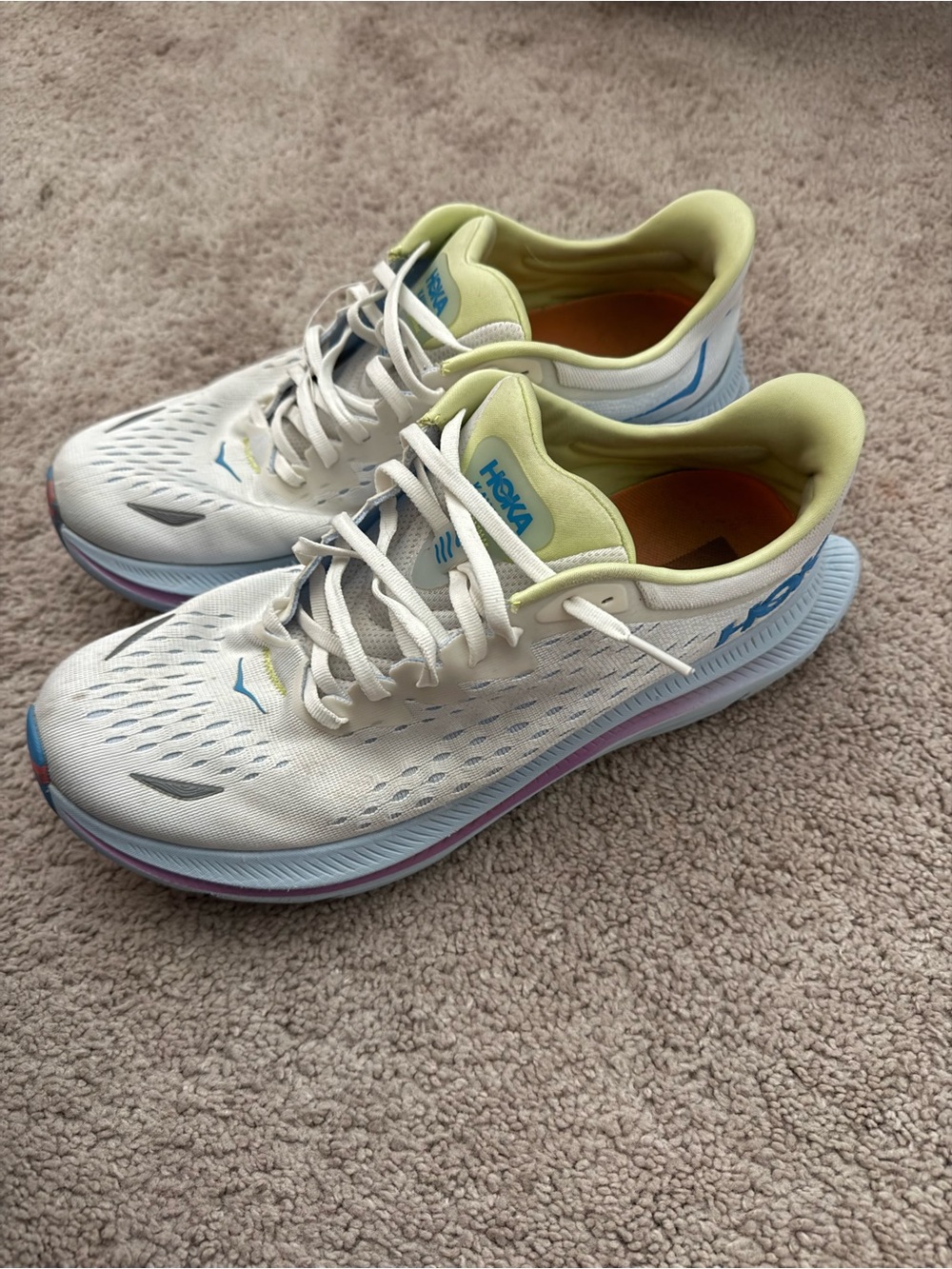 Hoka White Running Shoes with Light Blue Soles and Yellow Lining - Picture 2 of 2